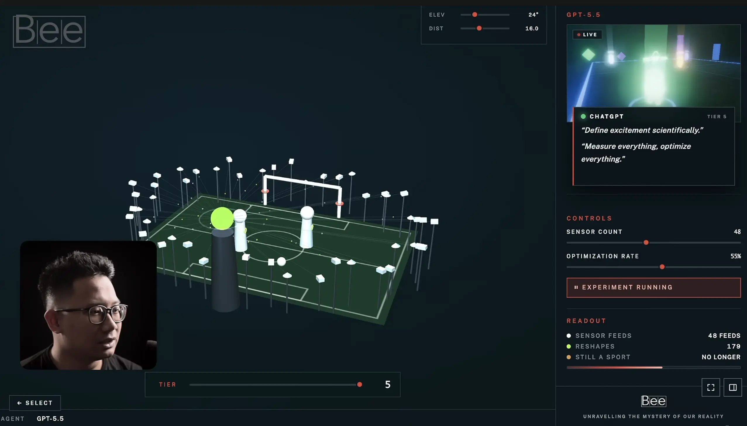 Simulation dashboard showing the AI soccer experiment